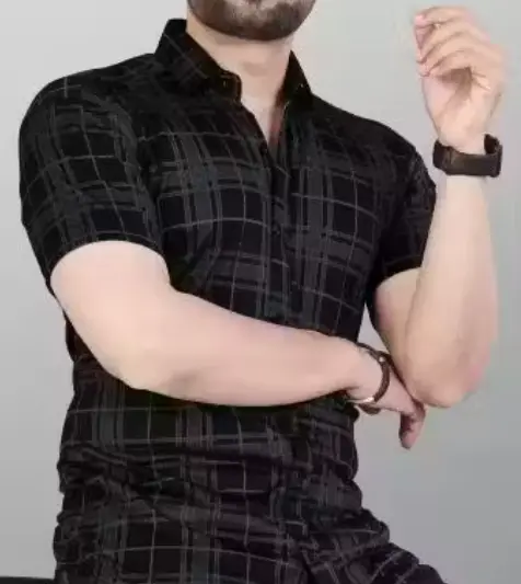 STI Men's Checked Regular Spread Collar Black Shirts (​)