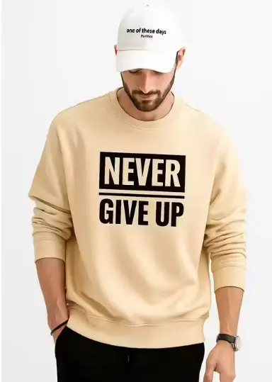 "Men’s Stylish Printed Sweatshirt | Never Give Up Quote Hoodie Style Pullover for Casual Wear" (M)